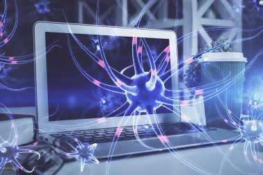 Masaüstü bilgisayar arkaplanı ve nöron çizimi. Çifte maruziyet. Eğitim kavramı.