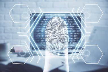 Ofisteki bilgisayarın parmak izi çizimi. Çifte maruziyet. İş veri güvenliği kavramı.