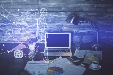 Ofisteki masaüstü bilgisayar arkaplanı ve tema hologram çizimini başlat. Çifte maruziyet. Başlangıç konsepti.