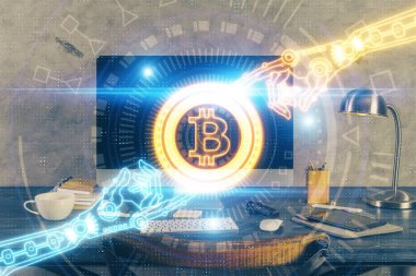 Engelleme zinciri ve kripto ekonomi temalı hologram ve bilgisayar geçmişi olan bir masa. Bitcoin kripto para kavramı.