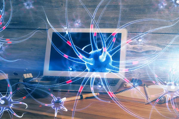 Masaüstü bilgisayar arkaplanı ve nöron çizimi. Çifte maruziyet. Eğitim kavramı.