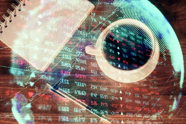 İş teması çizimi ve çalışma masasının üst veiw 'i. Uluslararası finans kavramı.