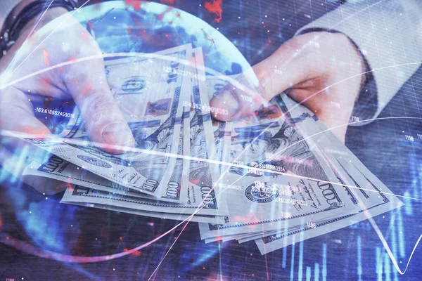 Multi exposure of financial graph drawing hologram and USA dollars bills and man hands. Analysis concept. — Stock Photo, Image