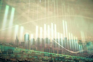 Gökdelenler arka planda çoklu pozlama ile şehir görünümünde eski grafik. Mali analiz kavramı.