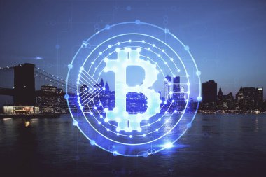 Kripto para birimi temalı hologram çizimine ve şehrin arka planına çoklu maruz kalma. Engelleme zinciri ve bitcoin kavramı.