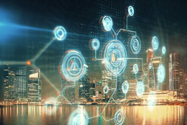 Veri temalı hologram gökdelenler arka planda çoklu pozlama ile şehir görünümüne çizim yapıyor. Ai kavramı.