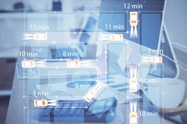 Otomobil hologramı çizimi olan masaüstü bilgisayar arkaplanı. Çoklu maruz kalma. Teknoloji kavramı.