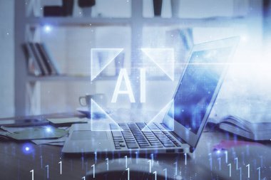 Bilgisayar ve teknoloji temalı çizimlere çifte maruz kalma. Yenilik kavramı.