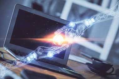 Teknoloji temalı çizim ve bilgisayarla çalışma alanı. Çifte maruziyet. Yenilik kavramı.