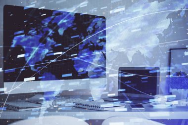 Teknoloji temalı çizim ve bilgisayarla çalışma alanı. Çoklu maruz kalma. Yenilik kavramı.