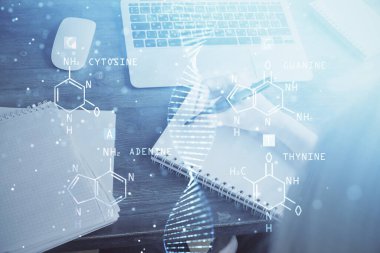 Kadınların el yazısı üzerine DNA temalı hologram. Eğitim kavramı. Çift pozlama