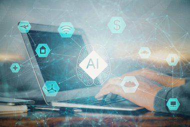 Teknoloji temalı dizüstü bilgisayarda çalışan bir adam. Büyük veri kavramı. Çift pozlama.