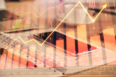 Ön plan çizimi ve cep telefonu arkaplanı çift pozlama. Finansal ticaret kavramı