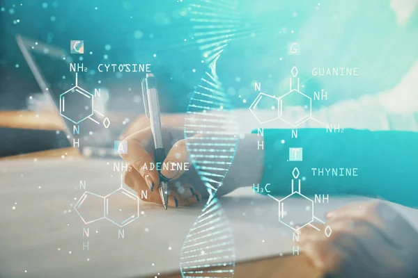 DNA 테마의 두 번의 노출은 배경을 파악하는 사람들을 끌어 들인다. 의학 교육에 대한 개념 — 스톡 사진