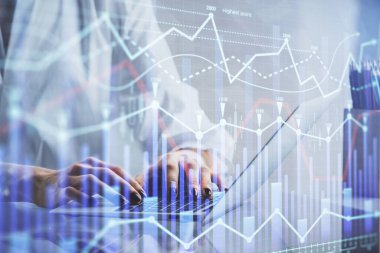 Bilgisayarda ve ön x grafik hologram çiziminde kadın eli yazarken çift pozlama. Borsa yatırım kavramı.