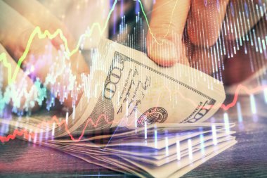 Forx grafiği, hologram, Amerikan dolarları ve insan eli çizimleri. Teknik Analiz kavramı.