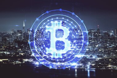 Kripto para birimi temalı hologram çizimine ve şehrin arka planına çoklu maruz kalma. Engelleme zinciri ve bitcoin kavramı.