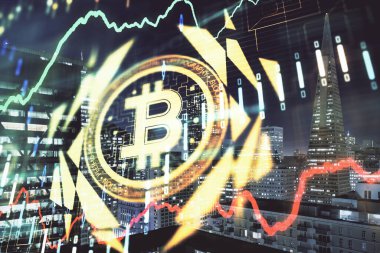 Kripto para birimi temalı hologram çizimine ve şehrin arka planına çoklu maruz kalma. Engelleme zinciri ve bitcoin kavramı.