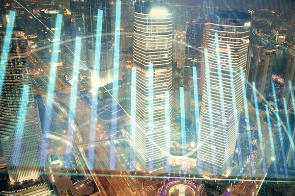 고층 건물 배경 다중 노출와 도시 경관에 금융 차트. 분석 개념. — 스톡 사진
