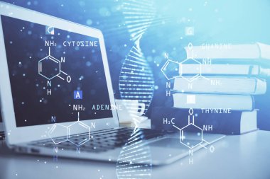 Masaüstü bilgisayar arkaplanı ve DNA çizimi. Çifte maruziyet. Bilim konsepti.