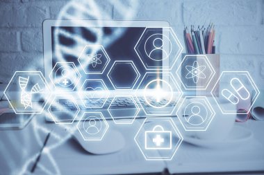 Masaüstü bilgisayar arkaplanı ve DNA çizimi. Çifte maruziyet. Bilim konsepti.