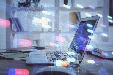 Bilgisayar ve teknoloji temalı çizimlere çifte maruz kalma. Yenilik kavramı.