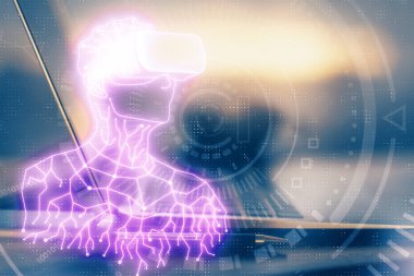 AR tema simgesi olan bilgisayar masaüstünde. Çoklu maruz kalma. Artırılmış gerçeklik kavramı.