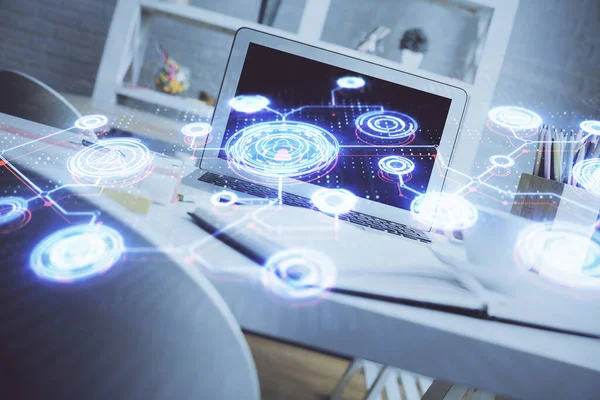 Computer auf dem Desktop mit Hologramm des sozialen Netzwerks. Doppelbelichtung. Konzept der internationalen Personenverbindungen. — Stockfoto