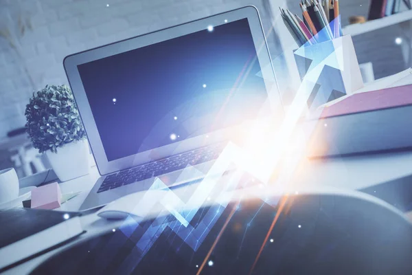 Computer on desktop with point up arrows hologram. Double exposure. Concept of success. — Stock Photo, Image