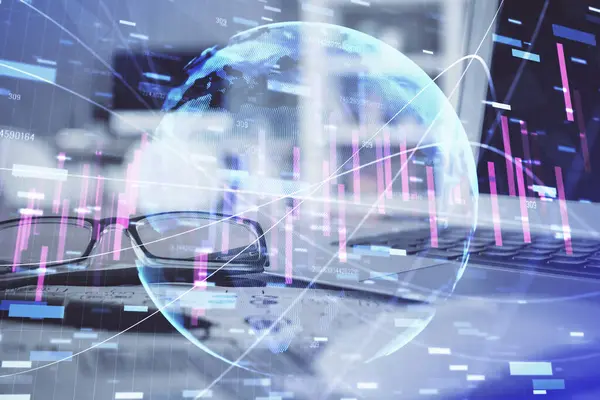 Financial chart hologram with glasses on the table background. Concept of business. Double exposure. — Stock Photo, Image