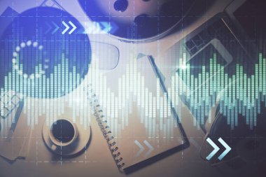 Forx grafik çizimi ve çalışma masası üst veiw çoklu pozlama. Mali analiz kavramı.