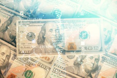 ABD dolarının arka planında DNA 'ya çifte maruz kalma. Tıp eğitimi kavramı.