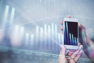 Ön x grafik çizimine çift pozlama hologram ve cep telefonu kullanan bir kadın. Borsa konsepti.