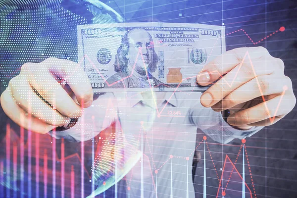 Multi exponering av finansiella diagram rita hologram och USA dollar räkningar och manshänder. Analyskoncept. — Stockfoto