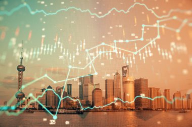 Gökdelenler arka planda çift pozlama ile şehir görünümünde eski grafik. Mali analiz kavramı.