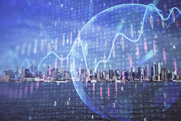 Forex graph on city view with skyscrapers background double exposure. Financial analysis concept.
