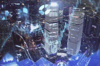 Yüksek binalar arka plan çok pozlama ile şehir scape mali grafik. Analiz kavramı.