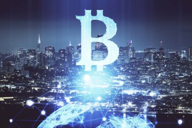Kripto para birimi temalı hologram çizimine ve şehrin arka planına çoklu maruz kalma. Engelleme zinciri ve bitcoin kavramı.