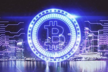 Kripto para birimi temalı hologram çizimine ve şehrin arka planına çoklu maruz kalma. Engelleme zinciri ve bitcoin kavramı.