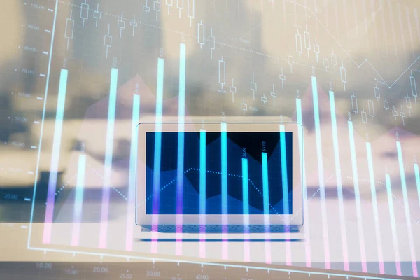 Forex graph hologram on table with computer background. Multi exposure. Concept of financial markets. — Stock Photo, Image