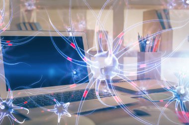 Masaüstü bilgisayar arkaplanı ve nöron çizimi. Çifte maruziyet. Eğitim kavramı.