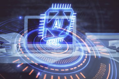 Teknoloji temalı çizim ve bilgisayarlı masa. Çoklu maruz kalma. Bilgi kavramı.