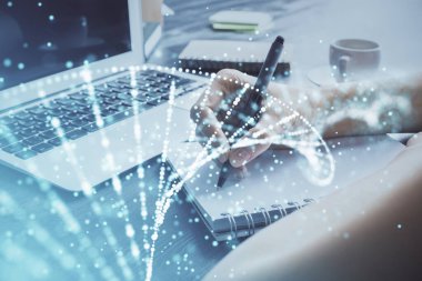 Kadınların el yazısı üzerine DNA temalı hologram. Eğitim kavramı. Çift pozlama