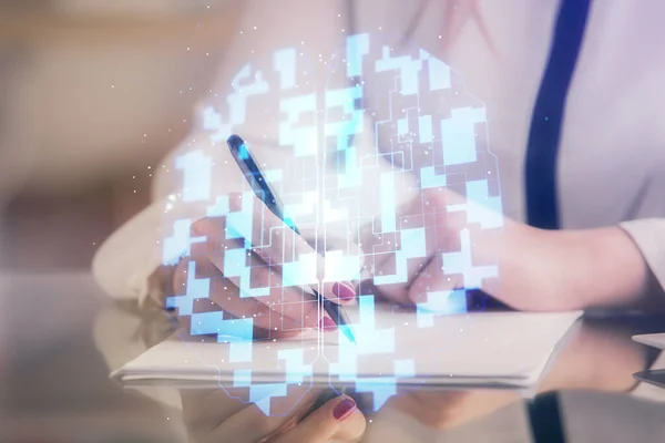 Multi exposure of womans writing hand on background with data technology hud. Big data concept. — Stock Photo, Image