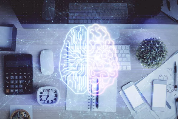 Multi exposición del holograma del boceto del cerebro sobre fondo de tabla de trabajo de la vista superior con la computadora. Concepto de big data. —  Fotos de Stock