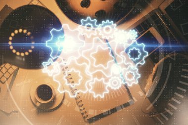 İş teması çizimi ve çalışma masasının üst veiw 'i. Uluslararası finans kavramı.