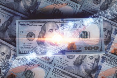 İki kez veri temasına maruz kalınca dolar banknotları arka planda kalıyor. Teknoloji konsepti.