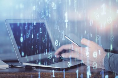 Erkeklerin el ele tutuşmaları ve dijital bir cihaz ve veri temalı çizimler kullanmaları. Yenilik kavramı.