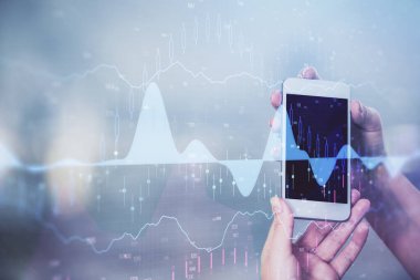Ön x grafik çizimine çift pozlama hologram ve cep telefonu kullanan bir kadın. Borsa konsepti.