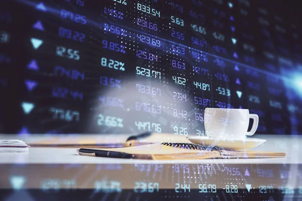 Multi exposure of forex graph drawing and desktop with coffee and items on table background. Concept of financial market trading